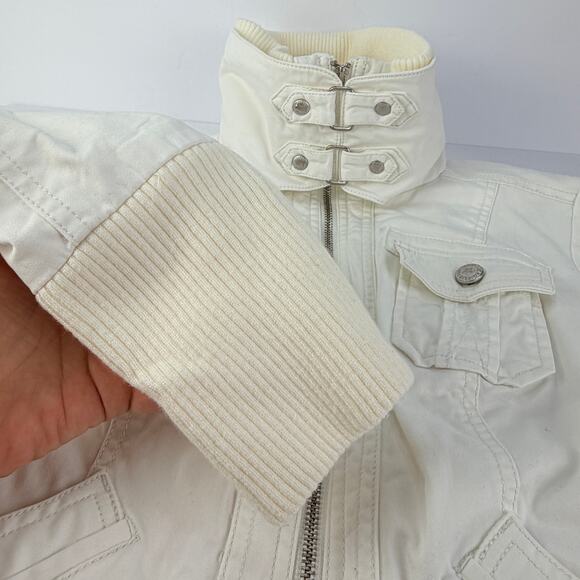 Y2K Guess White Fur Cropped Utility Moto High Neck Convertible Full Zip Jacket S - Picture 11 of 16